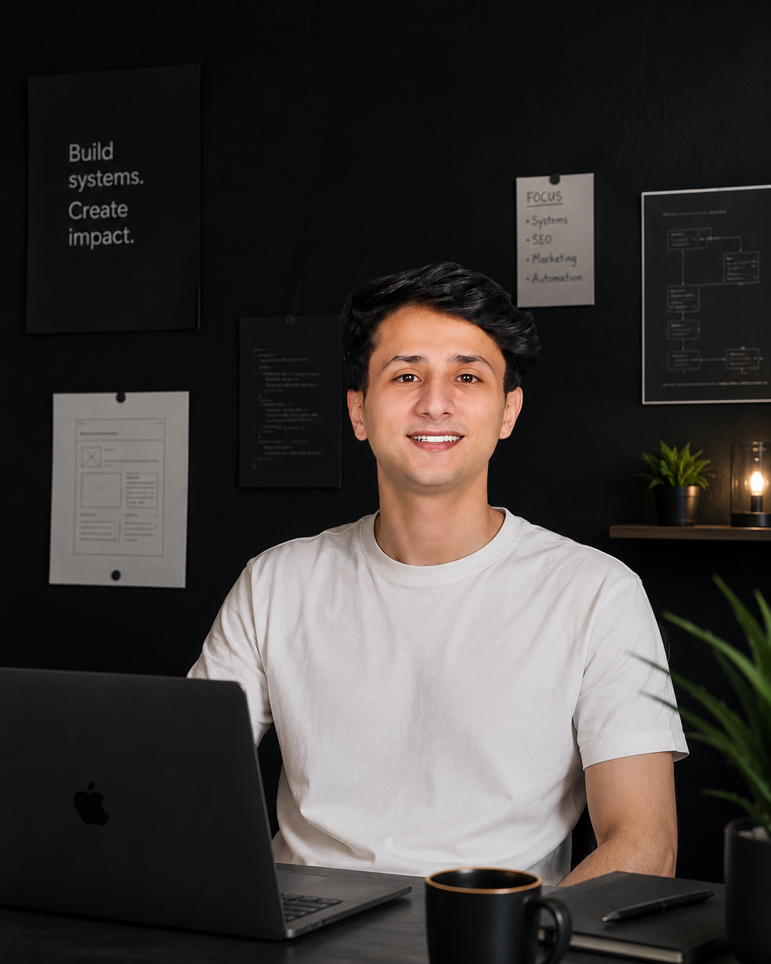 Mohand Elmaghraby working at a desk in a dark creative workspace for web development and marketing systems